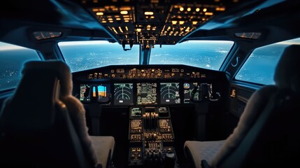 Fototapeta premium Cockpit of a large commercial airplane a cockpit trainer, Commercial aircraft cruising control panel in a plane cockpit.