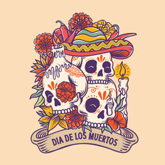 mexican skull head illustration with mexican flower