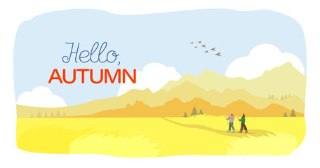 Scandinavian walking in the mountains. Girls with sticks walk in the autumn mountains. Vector banner.