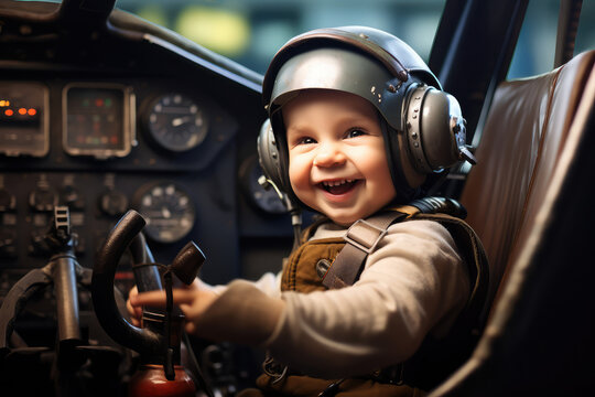 Happy kid dressed as an airplane pilot in the cockpit of an airplane