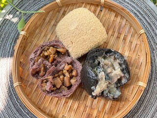 Charcoal truffle, Grilled pork steamed bun and cacao steamed bun and nut powder