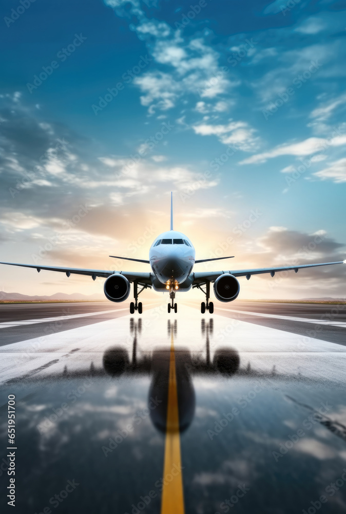 Poster plane on runway before takeoff.