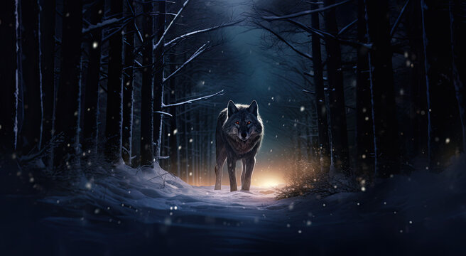 wolf in the dark winter forest. 