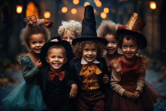 Little Kids In Costume Celebrating Halloween Together