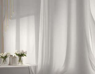 White curtains background interior for photoshoot, photo product, indoor, simple.
