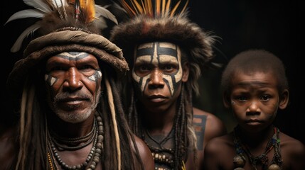 Portrait of Family Huli Wigmen tribe from Papua New Guinea.