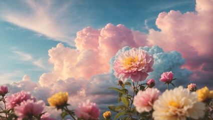 Beautiful colorful flowers with pastel sky and clouds background, Idyllic Meadow. ai generative