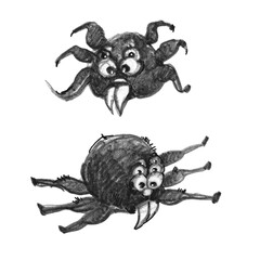 Funny spiders for Halloween. Graphic drawing of funny toothy spiders. Caricature of spiders, interesting characters. Template, illustration, animal for halloween.Silhouettes of spiders.