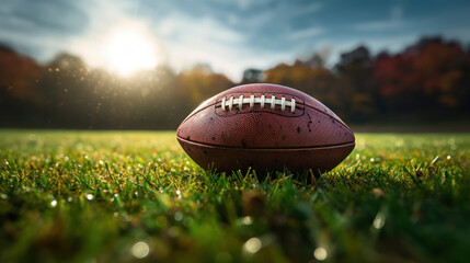Close-up view of a football on the field with white yard lines.