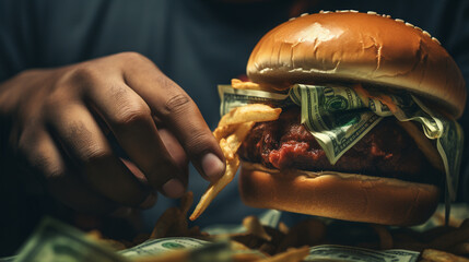 person eating dollar bill plated burger, with generative ai - obrazy, fototapety, plakaty