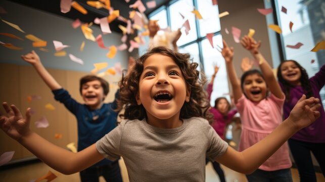 Group Of Kids Dancing In The Classroom Celebrating Having Confetti.