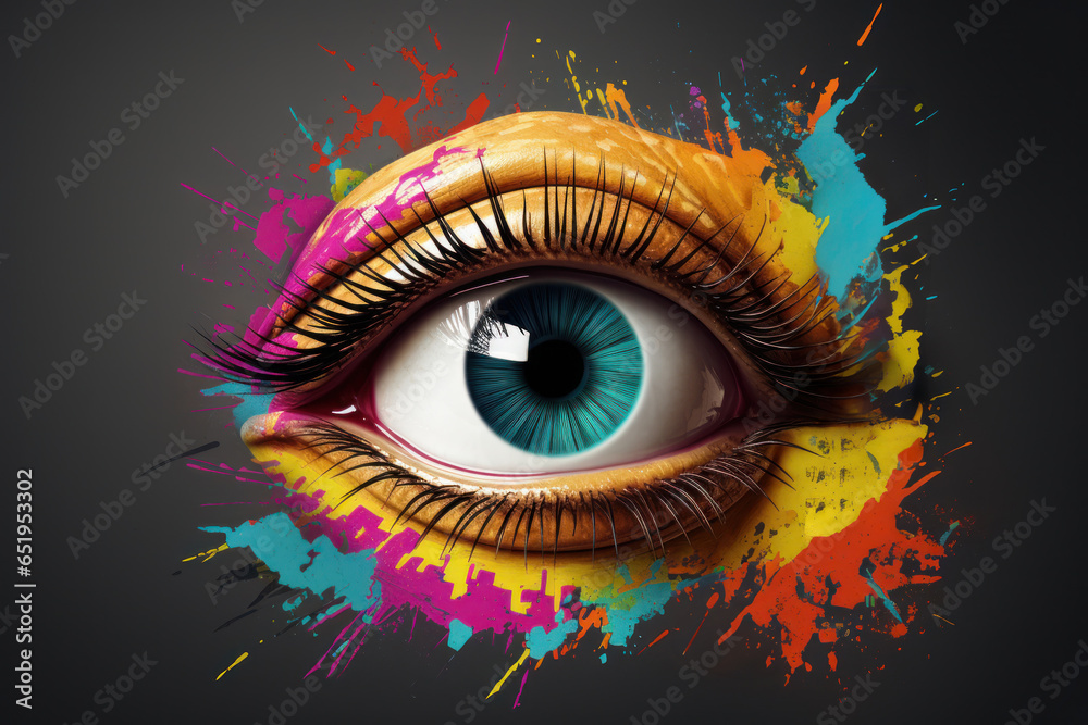 Poster A close up of an eye with vibrant paint splatters. Perfect for adding a creative touch to artistic projects.
