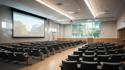 College classroom in amphitheater style, with empty seats and a projector screen.