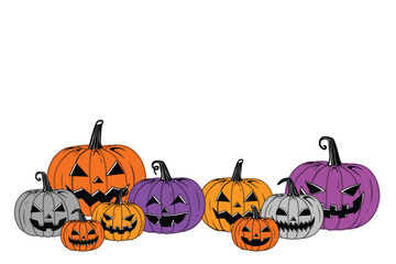 Vector Colorful Halloween Pumpkins Set Isolated on White Background. Vintage Style Scary Halloween pumpkins Collection illustrations with creepy face expressions. Happy Halloween Trick or Treat