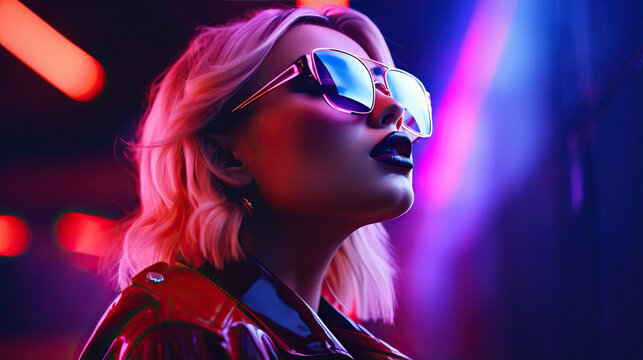 Futuristic portrait of woman in neon light on dark background.