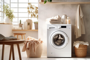 Modern washing machine in laundry room interior. Minimalist laundry room with basket and shelving. Bathroom interior