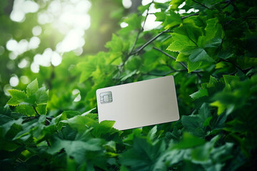 Green credit card on a background of green leaves. Green Friday, sustainable consumption, sustainability, ecology, zero waste and sale concept. Copy space for text