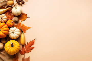 Autumn holiday composition with pumpkins, nuts and dry leaves on paper beige color background. Fall harvest, Halloween, Thanksgiving Day, copy space for text - obrazy, fototapety, plakaty