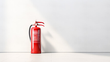 A bright red fire extinguisher mounted on a white wall - obrazy, fototapety, plakaty