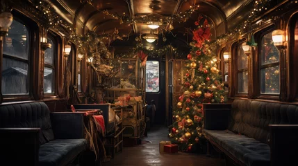 Afwasbaar Fotobehang Alpen Christmas concept view from inside an old train carrage with Christmas tree and decorations.