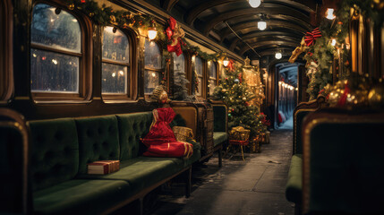 Christmas concept view from inside an old train carrage with Christmas tree and decorations. - obrazy, fototapety, plakaty