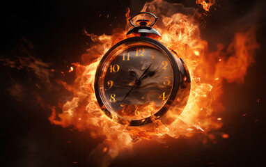 Timer clock on fire, Burning Time, Alarm clock on fire explosion, Time running out, countdown, deadline concept. 