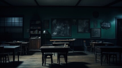 Dimly Lit Empty Classroom with a Single Desk Illuminated by Moonlight.