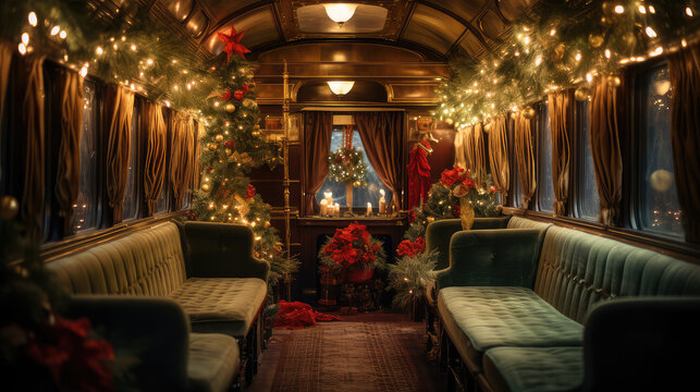 Christmas concept view from inside an old train carrage with Christmas tree and decorations.