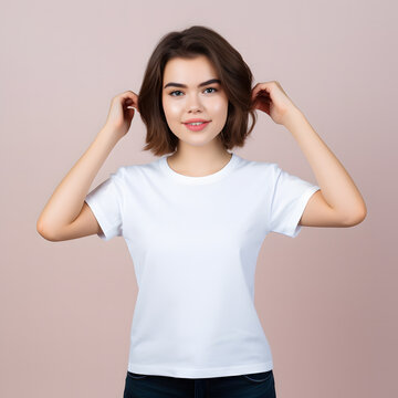 white t-shirt, showcasing the garment’s fit and style against a neutral background