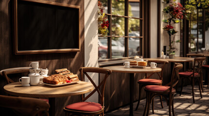 A cozy cafe with wooden tables, a chalkboard menu, and fresh pastries embodies the spirit of relaxed chats and fragrant coffee.