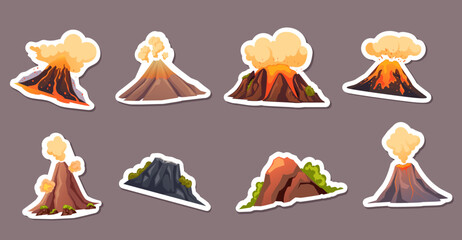 Volcano fire mountain sky nature stickers isolated set. Vector graphic design illustration  © PrettyVectors