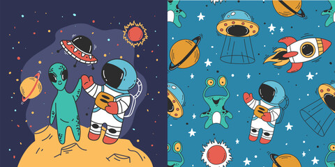 Space rocket star ship planet universe astronaut galaxy seamless pattern concept. Vector graphic design illustration
