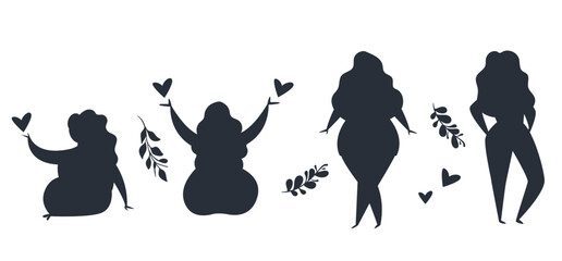 Women silhouette shadow body positive bodypositive isolated set. Vector graphic design illustration
