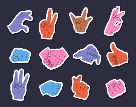 Hand ok thumb finger up gesture retro sign isolated set. Vector flat graphic design illustration