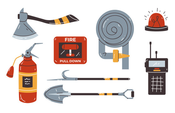 Firefighter fire equipment tool element extinguisher safety department isolated set. Vector graphic design illustration