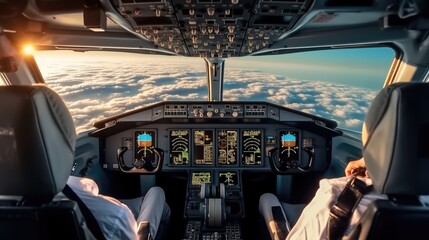 Fototapeta premium Modern commercial jet aircraft cockpit and pilots.