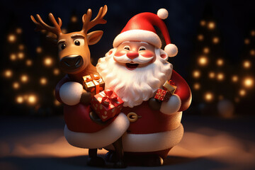 3d cartoon of Santa claus hugging embracing his beloved reindeer and gives it Christmas gifts.