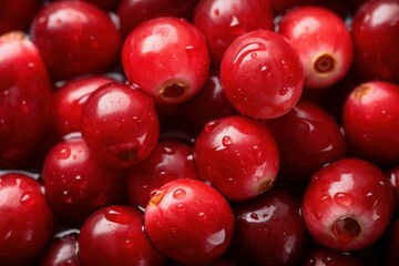 Red cranberry background. Fruit with water drops. Generate Ai