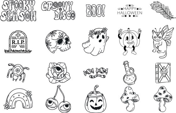 Happy Halloween day 70s groovy vector. Collection of ghost characters, doodle smile face, skull, pumpkin, bat, moon, bone, broom, grave. Cute retro groovy hippie design for decorative, sticker.