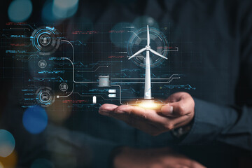 windmill, turbine, generator, generate, electricity, engineering, efficiency, environmental, sustainable, renewable energy. turbine windmill generator system hud is show around that. engineering.