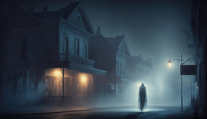 Creepy ghostly figure walking along the street in a desolate haunted village. Ghost town in mysterious hazy light. Paranormal activity. - obrazy, fototapety, plakaty