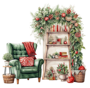 Watercolor illustration winter Christmas decor, sofa, shelf, Christmas room. Generative AI, png image.
