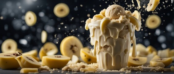 Banana Ice Cream Freez Falls into Midair with Its Ingredients - obrazy, fototapety, plakaty