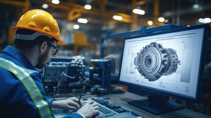 Industrial engineer works on the personal computer designing turbine or engine in 3D Using CAD Program, Inside the Heavy Industry Factory - obrazy, fototapety, plakaty
