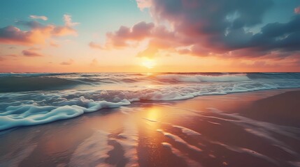 sunset in vibrant beach - beautiful beach landscape with foam waves on the beach