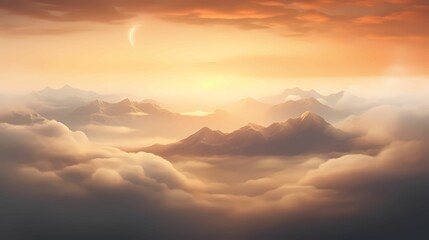 View of sunrise in mountains with clouds