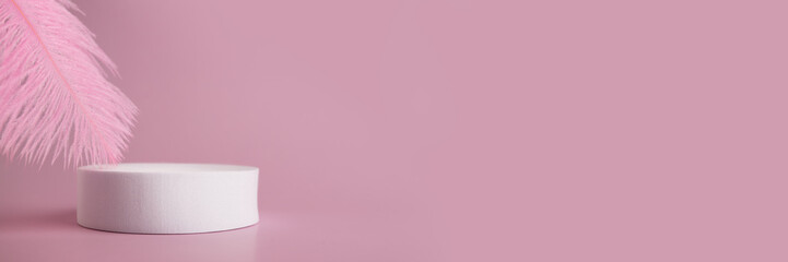 Feather and podium cosmetics mockup on pink background banner,lightness and sensitivity of spa and...
