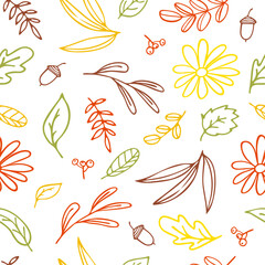 seamless pattern with colored leaves in doodle style