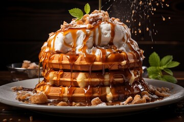 Fototapeta na wymiar Photo of delicious stack of waffles topped with caramel syrup and whipped cream created with Generative AI technology