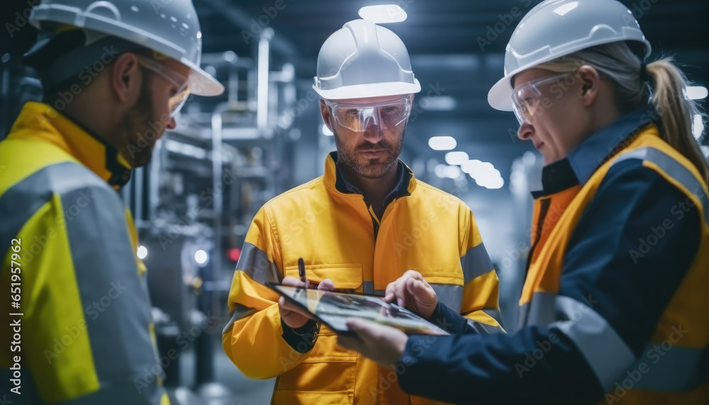 Aufkleber Group of Heavy Industry engineers inspection and design of gas and fuels transport pipeline using digital tablet.